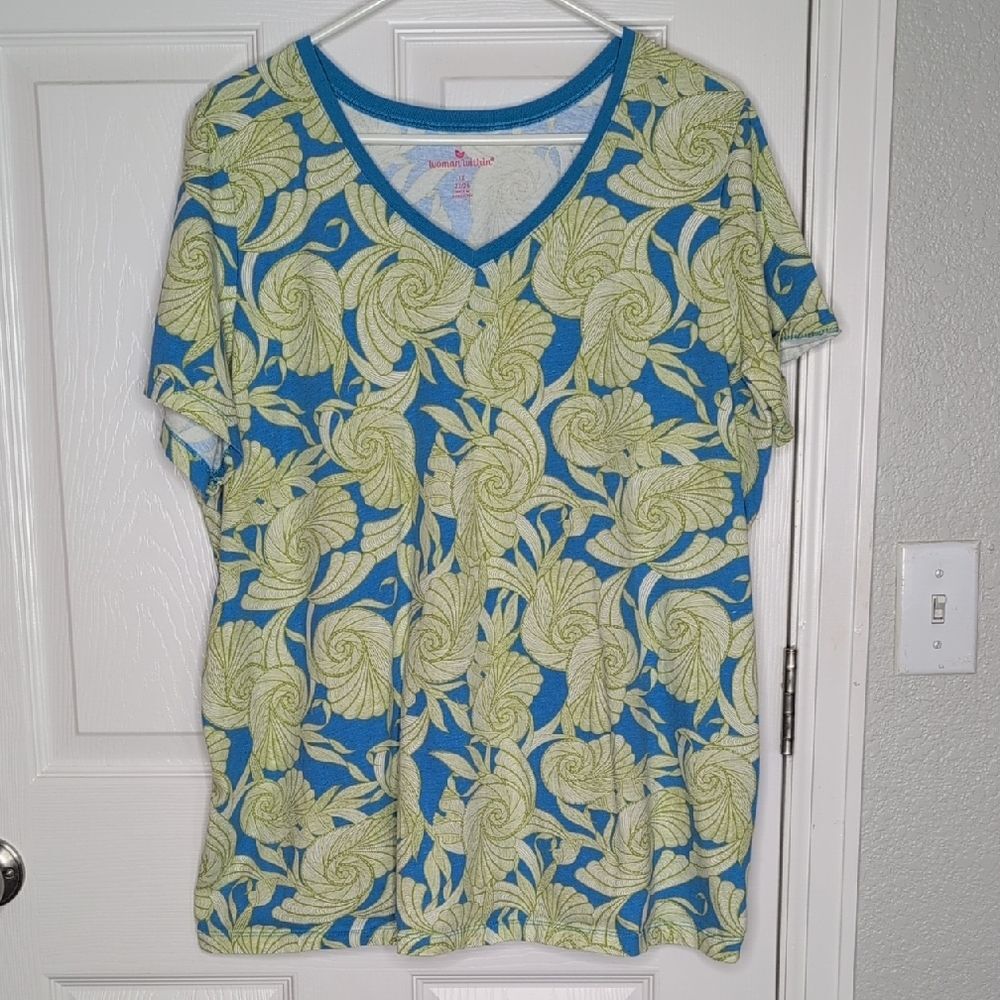Woman Within Blue and Green Floral Short Sleeve Tee